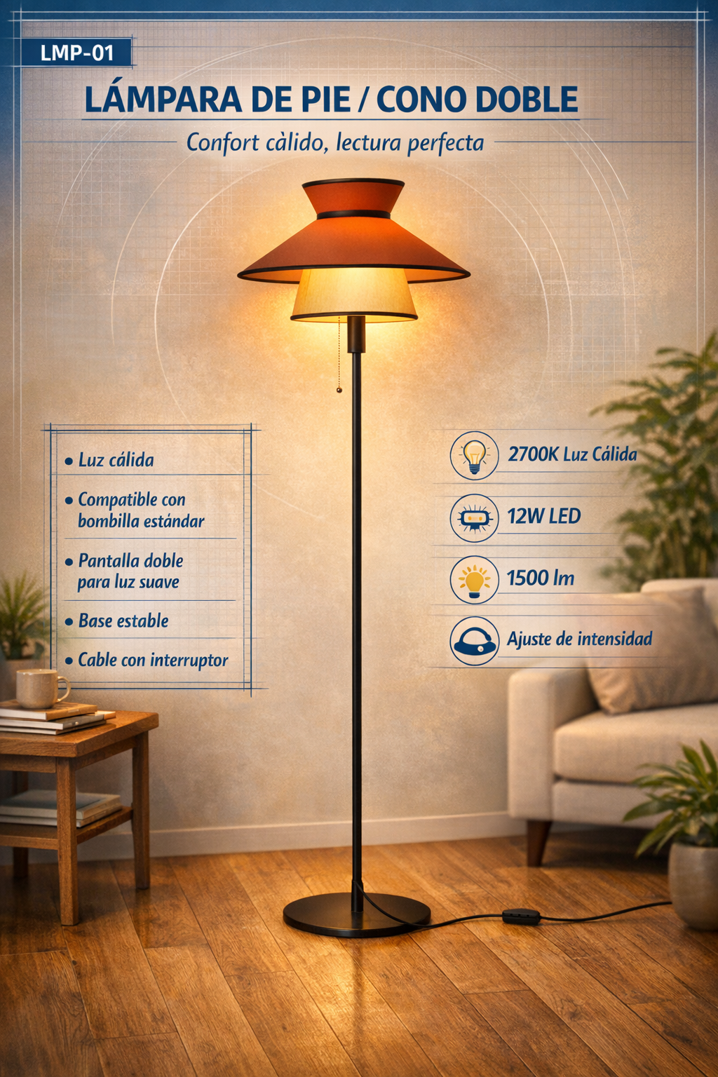 Renovación gráfica — ficha de producto estilo blueprint